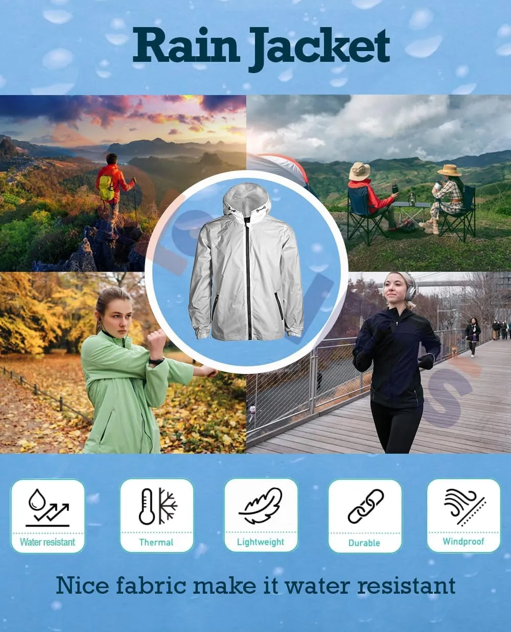 Windbreaker Rain Jacket Women Men, Water Resistant Lightweigh Hooded Athletic Running Jacket