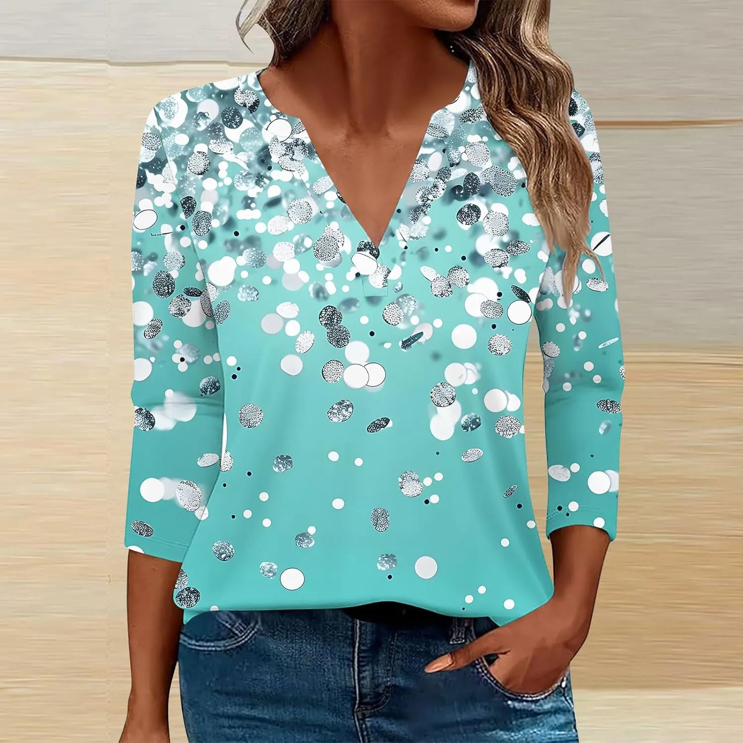 Women 3/4 Sleeve Floral Tops Dressy Casual Summer Blouses T Shirts V Neck Trendy Blouse Tunic Loose Fit Boho Clothing