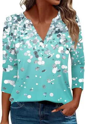 Women 3/4 Sleeve Floral Tops Dressy Casual Summer Blouses T Shirts V Neck Trendy Blouse Tunic Loose Fit Boho Clothing