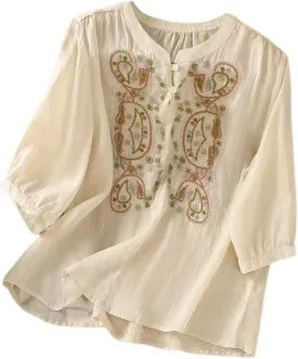 Women Short Sleeve Linen Shirt Casual V-Neck Henley T-Shirt Retro Loose Fit Summer Tee Tops