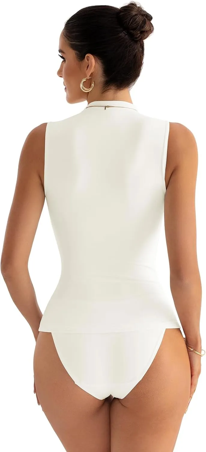 Women Sleeveless Mock Turtle Neck Tops Double Lined Fitted Tank Tops Basic T Shirts 2025