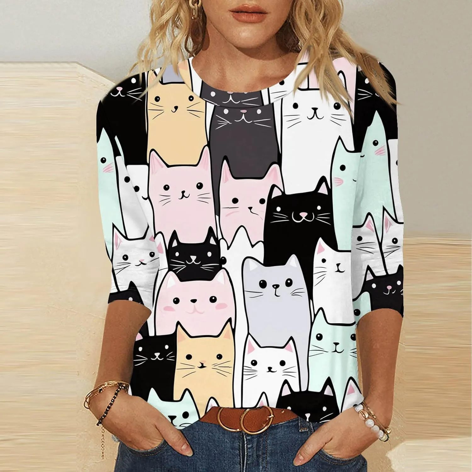 Womens 3/4 Sleeve T-Shirt Fashion Cute Cats Printed Blouses Funny Graphic Crewneck Shirts Comfy Loose T Shirts