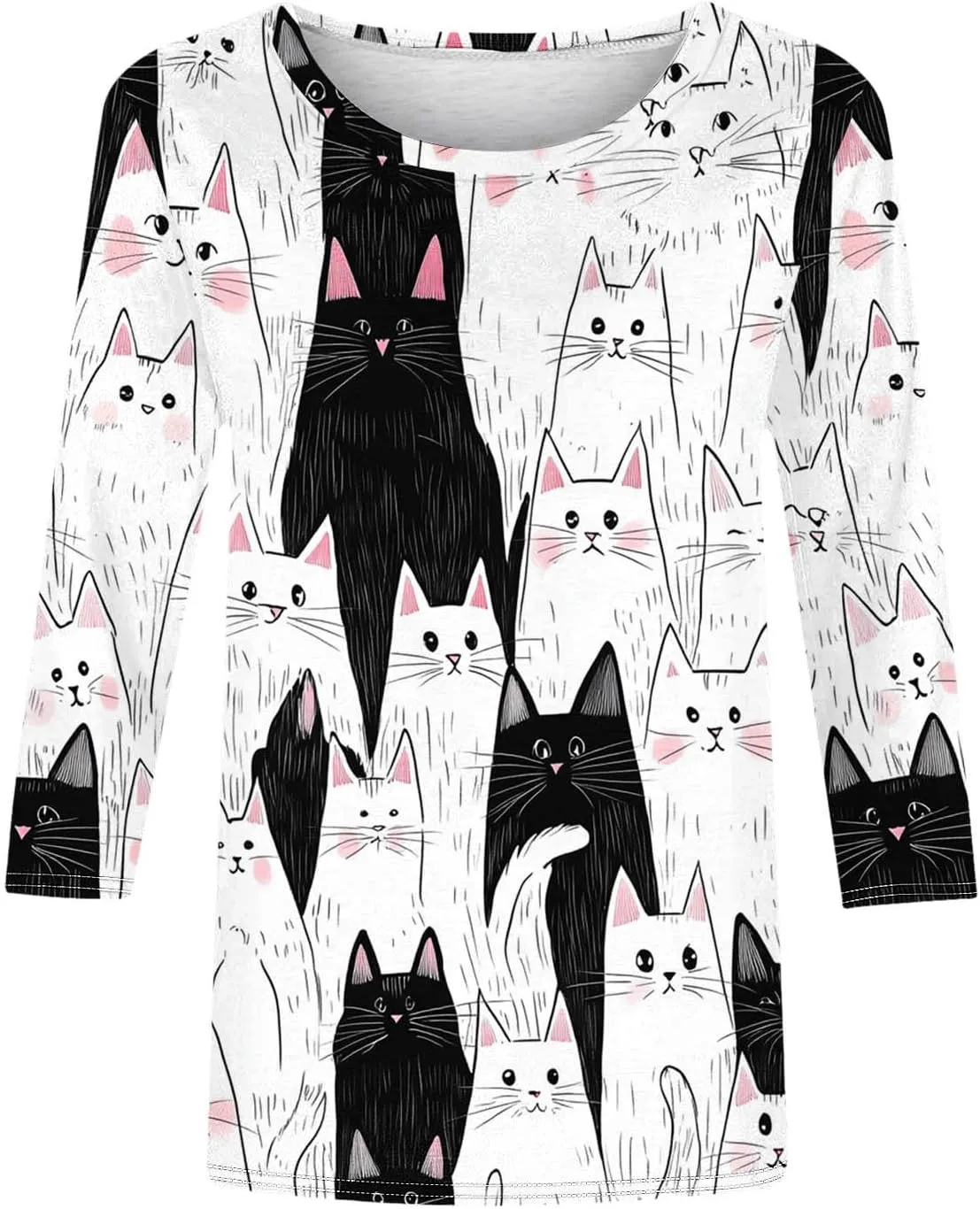 Womens 3/4 Sleeve T-Shirt Fashion Cute Cats Printed Blouses Funny Graphic Crewneck Shirts Comfy Loose T Shirts