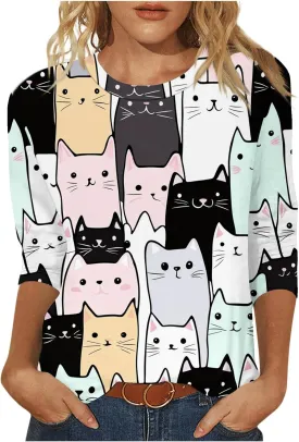 Womens 3/4 Sleeve T-Shirt Fashion Cute Cats Printed Blouses Funny Graphic Crewneck Shirts Comfy Loose T Shirts