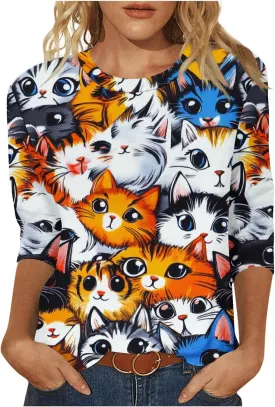 Womens 3/4 Sleeve T-Shirt Fashion Cute Cats Printed Blouses Funny Graphic Crewneck Shirts Comfy Loose T Shirts
