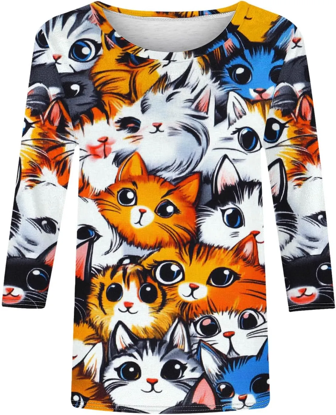 Womens 3/4 Sleeve T-Shirt Fashion Cute Cats Printed Blouses Funny Graphic Crewneck Shirts Comfy Loose T Shirts