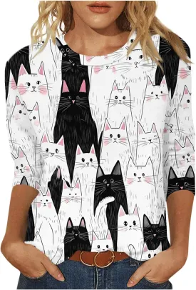 Womens 3/4 Sleeve T-Shirt Fashion Cute Cats Printed Blouses Funny Graphic Crewneck Shirts Comfy Loose T Shirts