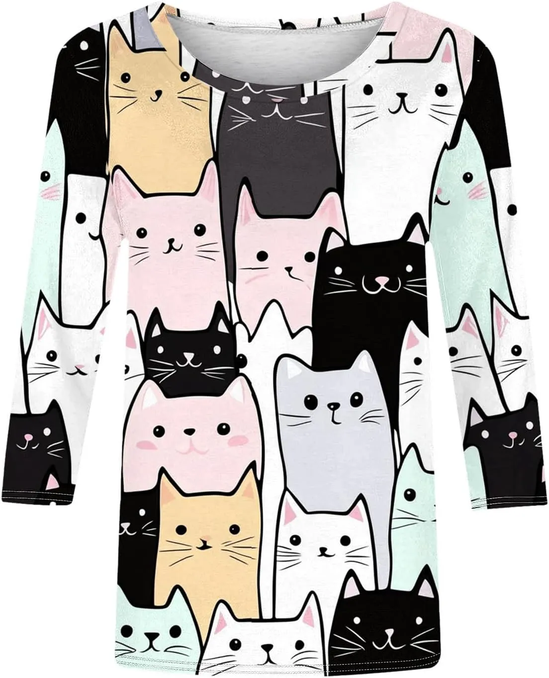 Womens 3/4 Sleeve T-Shirt Fashion Cute Cats Printed Blouses Funny Graphic Crewneck Shirts Comfy Loose T Shirts