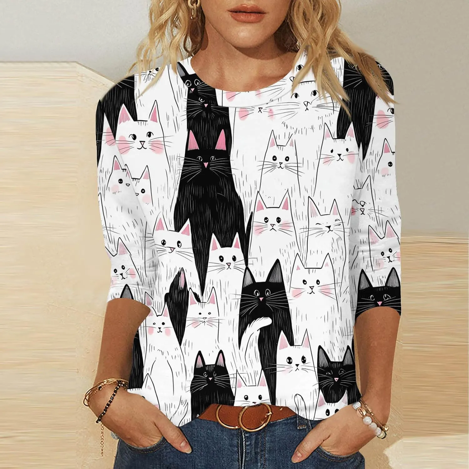 Womens 3/4 Sleeve T-Shirt Fashion Cute Cats Printed Blouses Funny Graphic Crewneck Shirts Comfy Loose T Shirts