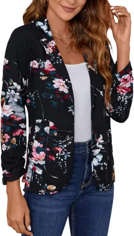 Women's Casual Button Front Blazer Jackets Ruched 3/4 Sleeve Lapel Office Work Lightweight Blazers with Pockets
