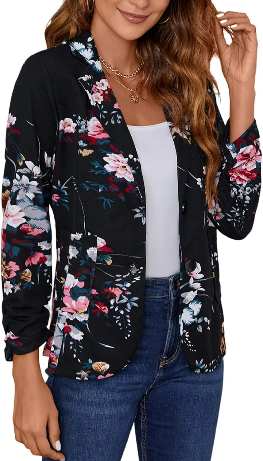 Women's Casual Button Front Blazer Jackets Ruched 3/4 Sleeve Lapel Office Work Lightweight Blazers with Pockets