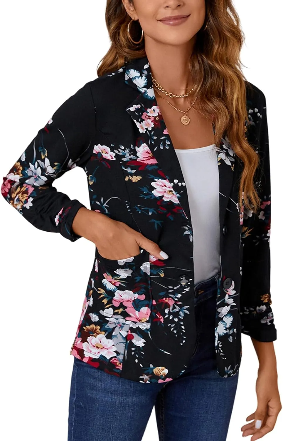 Women's Casual Button Front Blazer Jackets Ruched 3/4 Sleeve Lapel Office Work Lightweight Blazers with Pockets