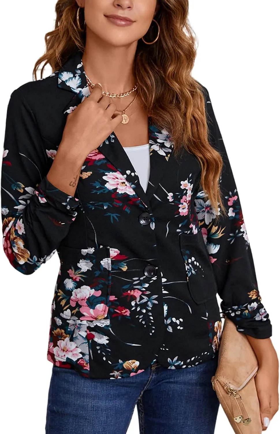 Women's Casual Button Front Blazer Jackets Ruched 3/4 Sleeve Lapel Office Work Lightweight Blazers with Pockets