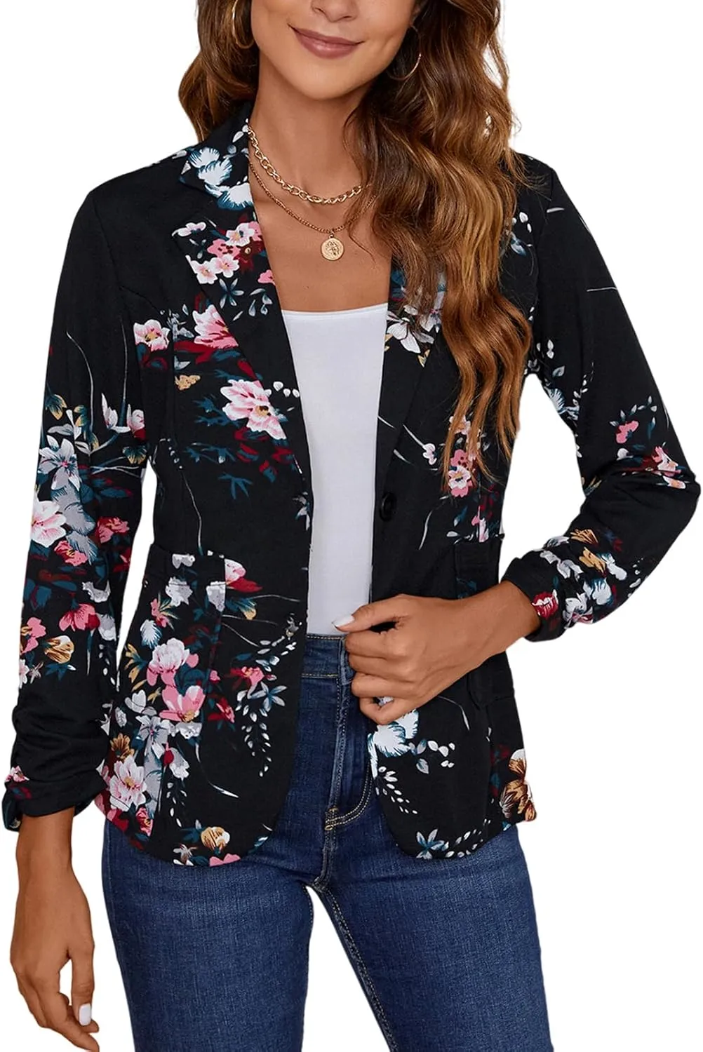 Women's Casual Button Front Blazer Jackets Ruched 3/4 Sleeve Lapel Office Work Lightweight Blazers with Pockets
