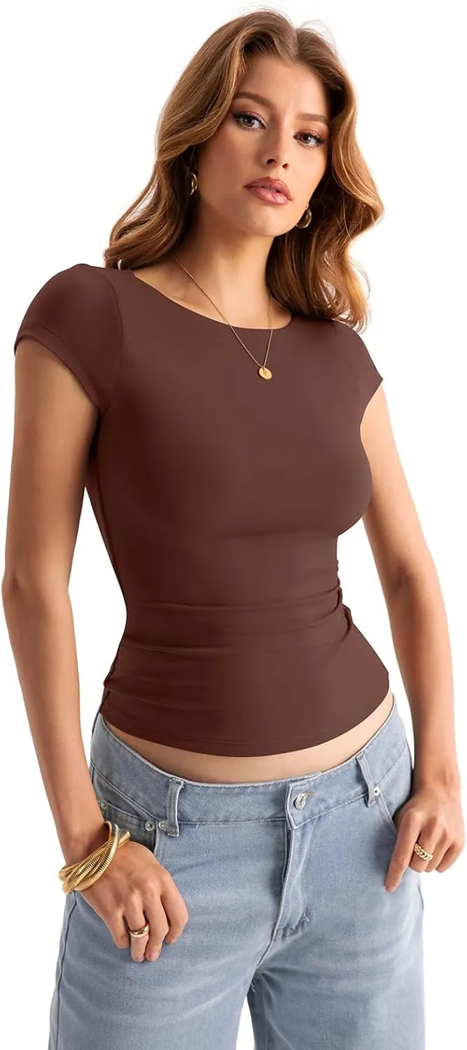 Womens Double Lined Cap Sleeve Tops Boat Neck Shirts Slim Fitted Going Out Tees Y2k Clothes 2025