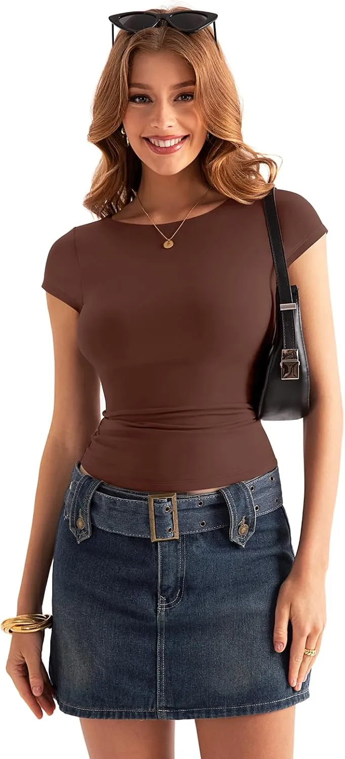 Womens Double Lined Cap Sleeve Tops Boat Neck Shirts Slim Fitted Going Out Tees Y2k Clothes 2025