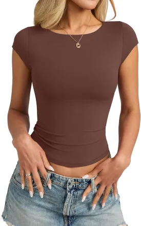 Womens Double Lined Cap Sleeve Tops Boat Neck Shirts Slim Fitted Going Out Tees Y2k Clothes 2025
