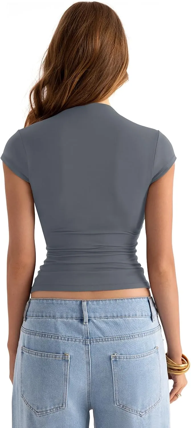 Womens Double Lined Mock Turtle Neck Tops Slim Fitted Cap Sleeve Shirts Going Out Tees Y2k Summer Clothes 2025