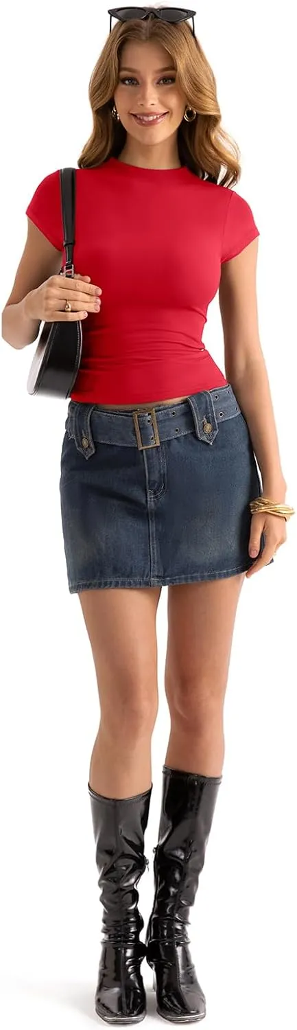 Womens Double Lined Mock Turtle Neck Tops Slim Fitted Cap Sleeve Shirts Going Out Tees Y2k Summer Clothes 2025