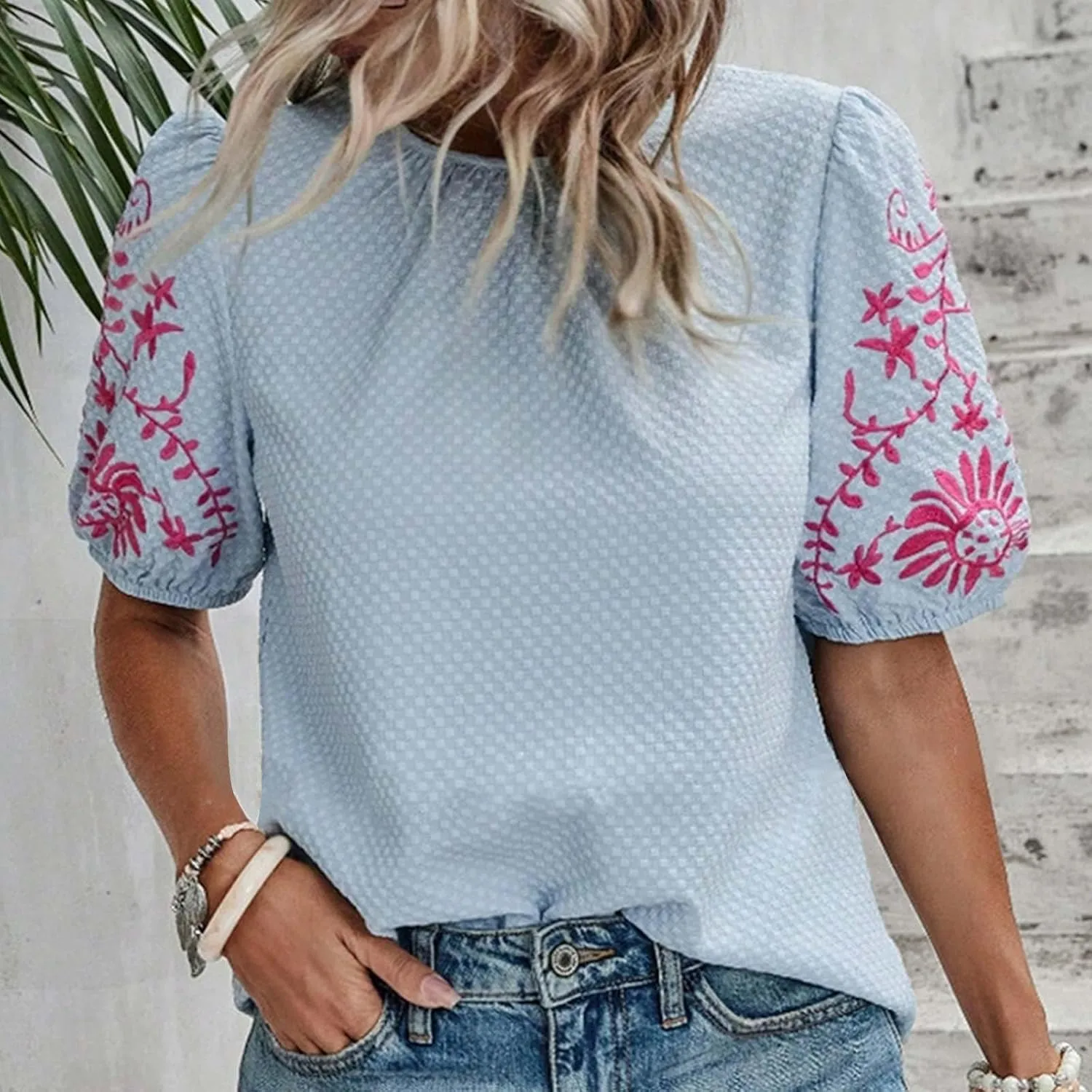 Womens Embroidered Puff Short Sleeve Tops Dressy Casual Crewneck Shirts Loose Textured Floral Embroidery Blouses