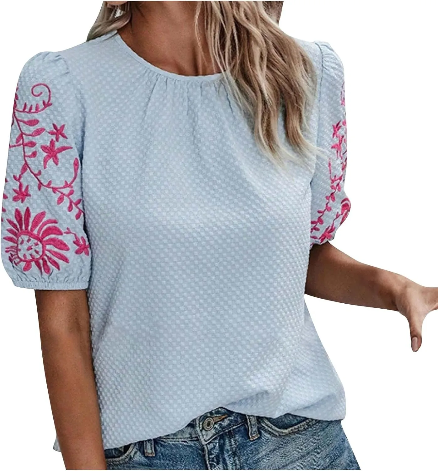 Womens Embroidered Puff Short Sleeve Tops Dressy Casual Crewneck Shirts Loose Textured Floral Embroidery Blouses