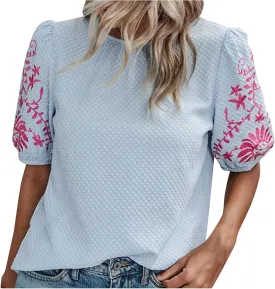 Womens Embroidered Puff Short Sleeve Tops Dressy Casual Crewneck Shirts Loose Textured Floral Embroidery Blouses