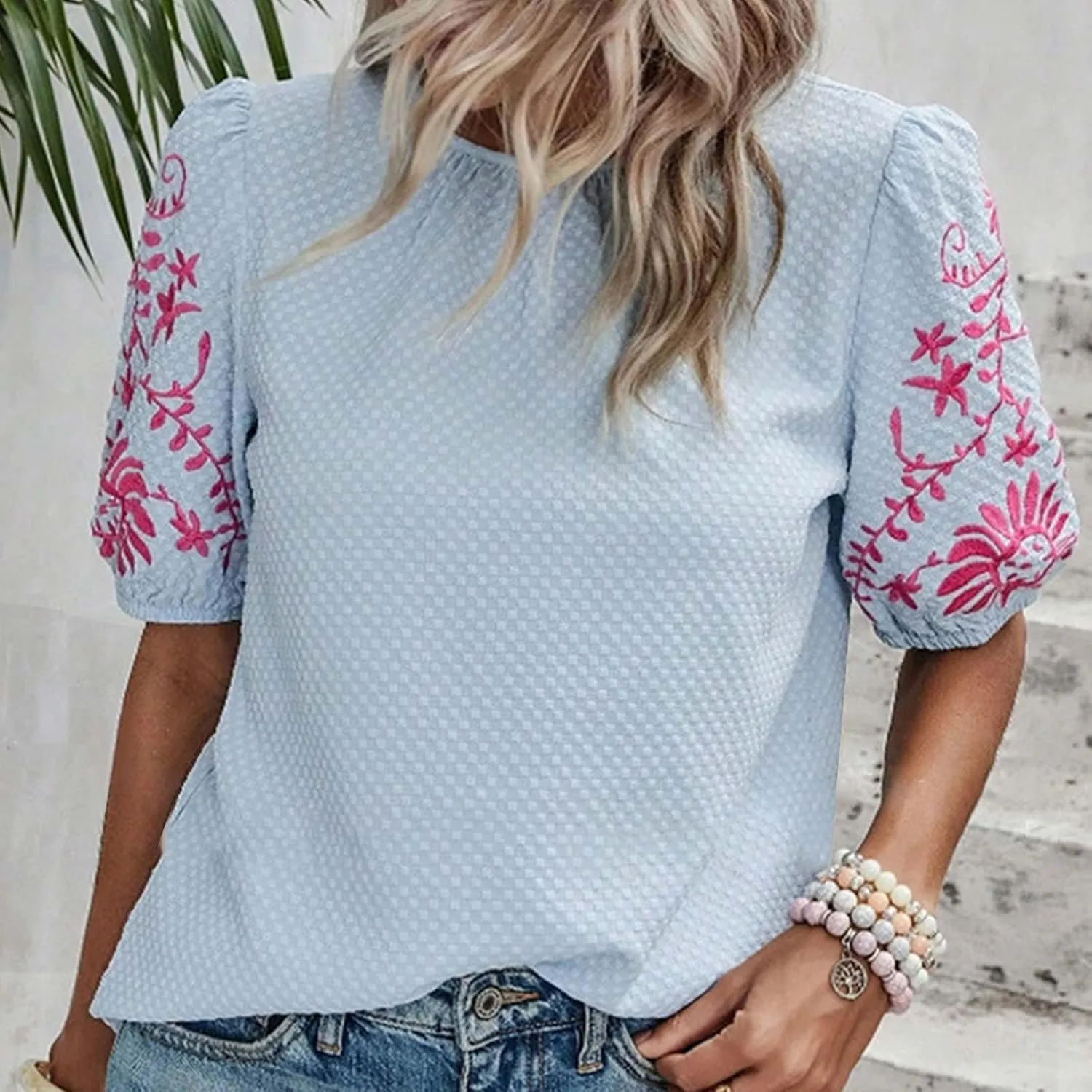 Womens Embroidered Puff Short Sleeve Tops Dressy Casual Crewneck Shirts Loose Textured Floral Embroidery Blouses