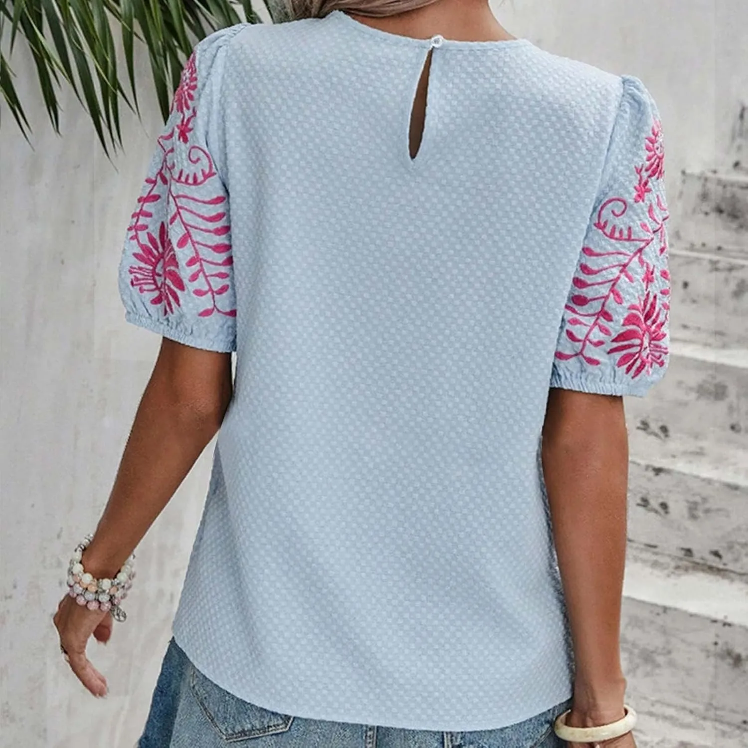 Womens Embroidered Puff Short Sleeve Tops Dressy Casual Crewneck Shirts Loose Textured Floral Embroidery Blouses