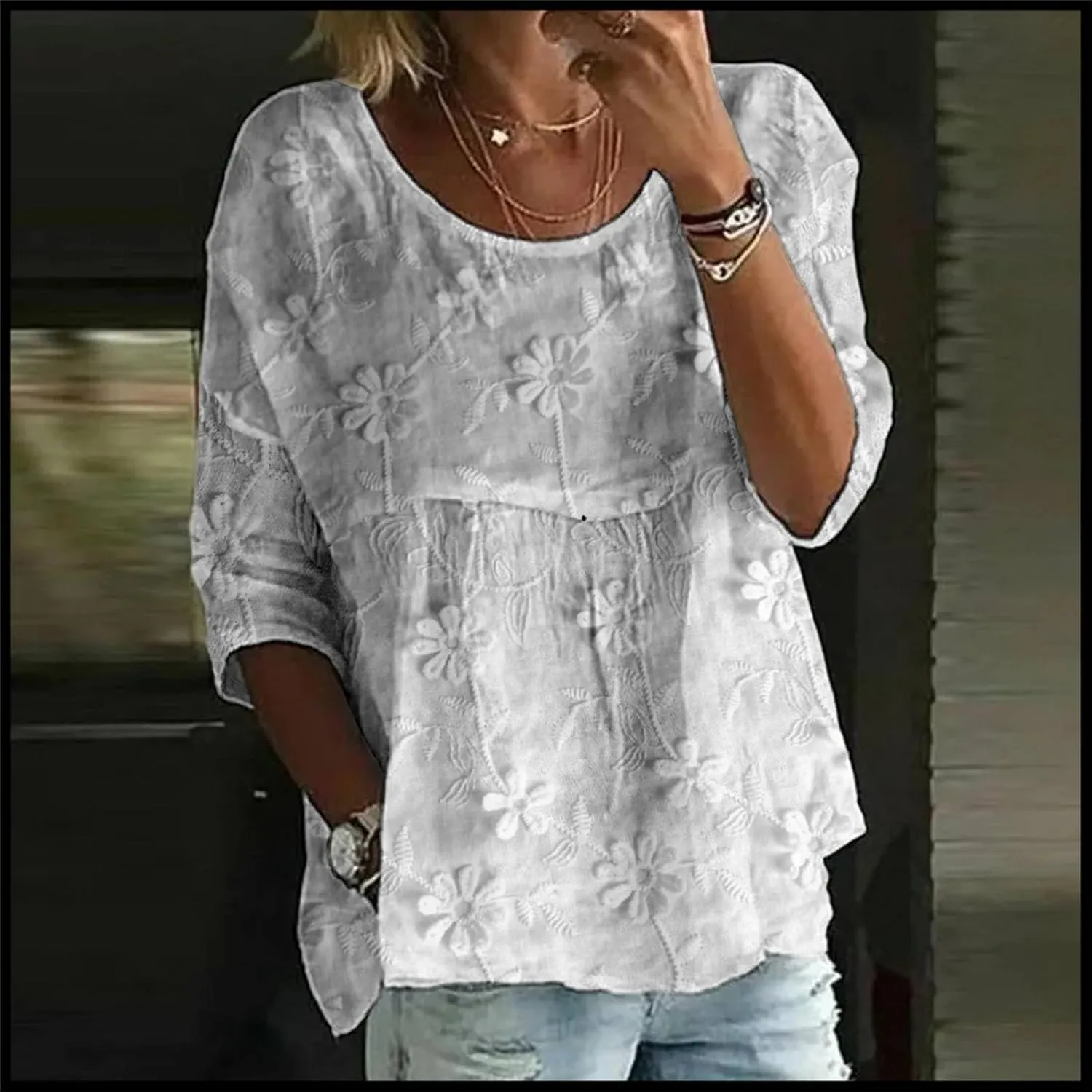 Womens Peasant Boho Tunic Tops 2025 Floral Printed 3/4 Length Sleeve Casual Loose Fit Summer Flowy Babydoll Blouses
