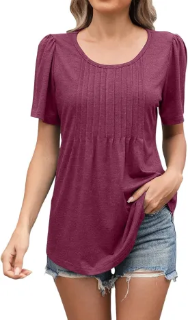 Womens Short Sleeve T Shirts Pleated Dressy Summer Tops Casual Scooped Neck Blouses Loose Fit Tunics Trendy Basic Tees