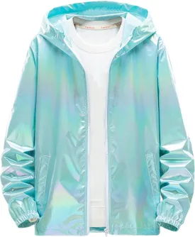Xiaojmake Men's Metallic Jacket Holographic Lightweight Shiny Hooded Zip Up Jackets Thin Hoodie Coat Party Club Shiny Coat