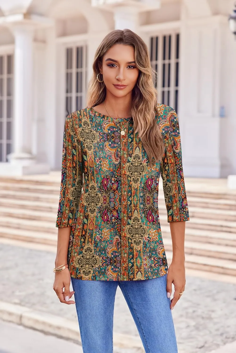 Zeagoo Women's Casual 3/4 Sleeve T-Shirts Round Neck Cute Tunic Tops Basic Tees Blouses Business Work Tee Top
