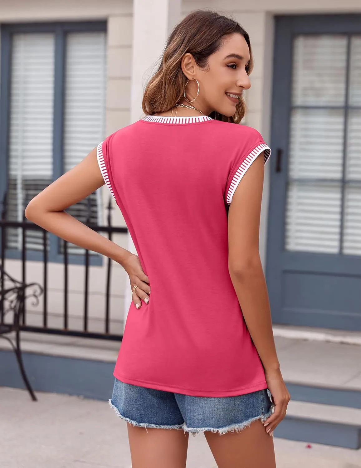Zeagoo Women's Summer Tops Cap Sleeve Casual Shirts 2025 V Neck Basic Tshirts Loose Fit Trendy Tee
