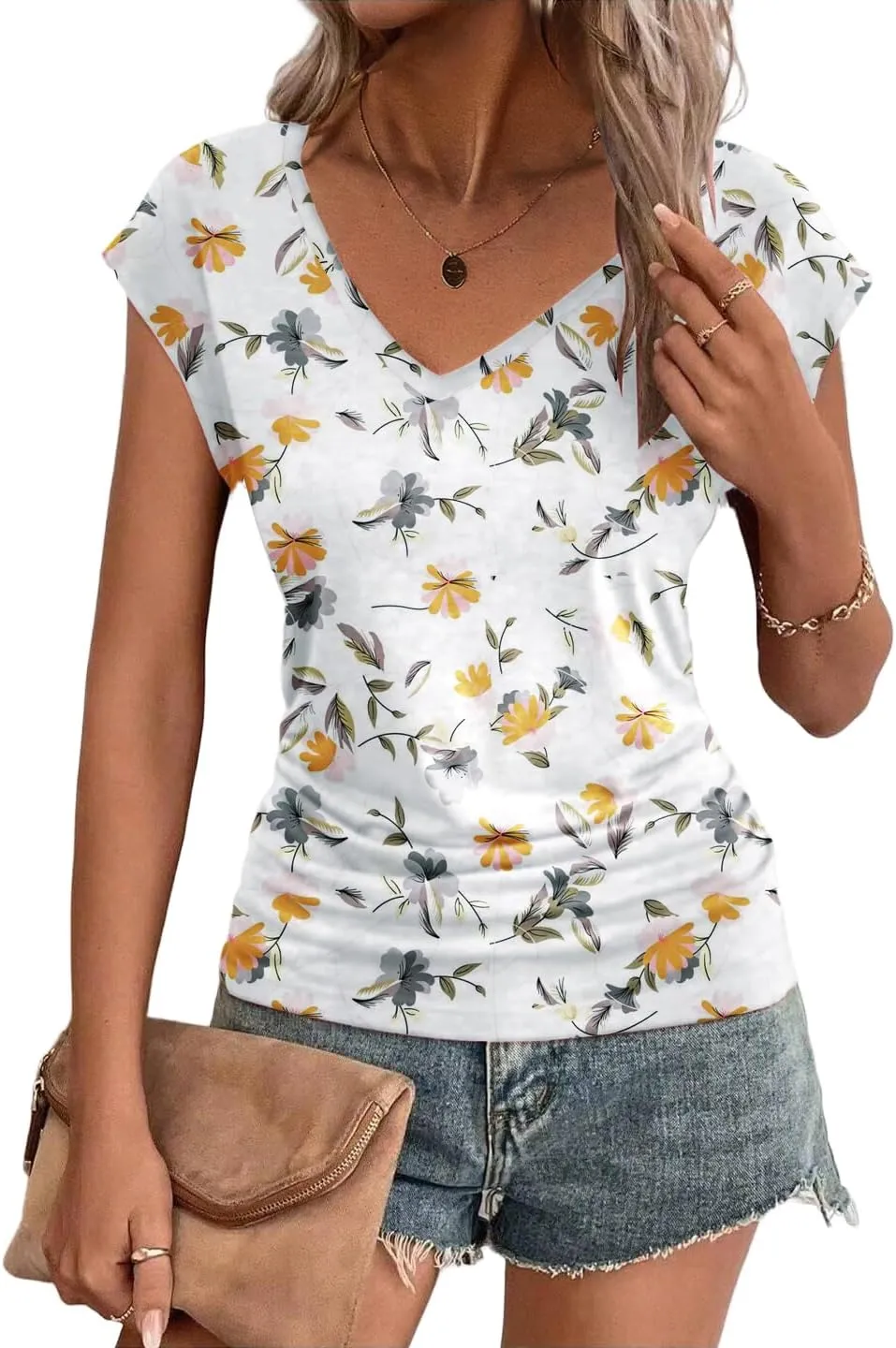 Zeagoo Womens Summer Tops Cute V Neck Cap Sleeve Tshirts Loose Fit Dressy Casual Shirts Ruched Top Tees