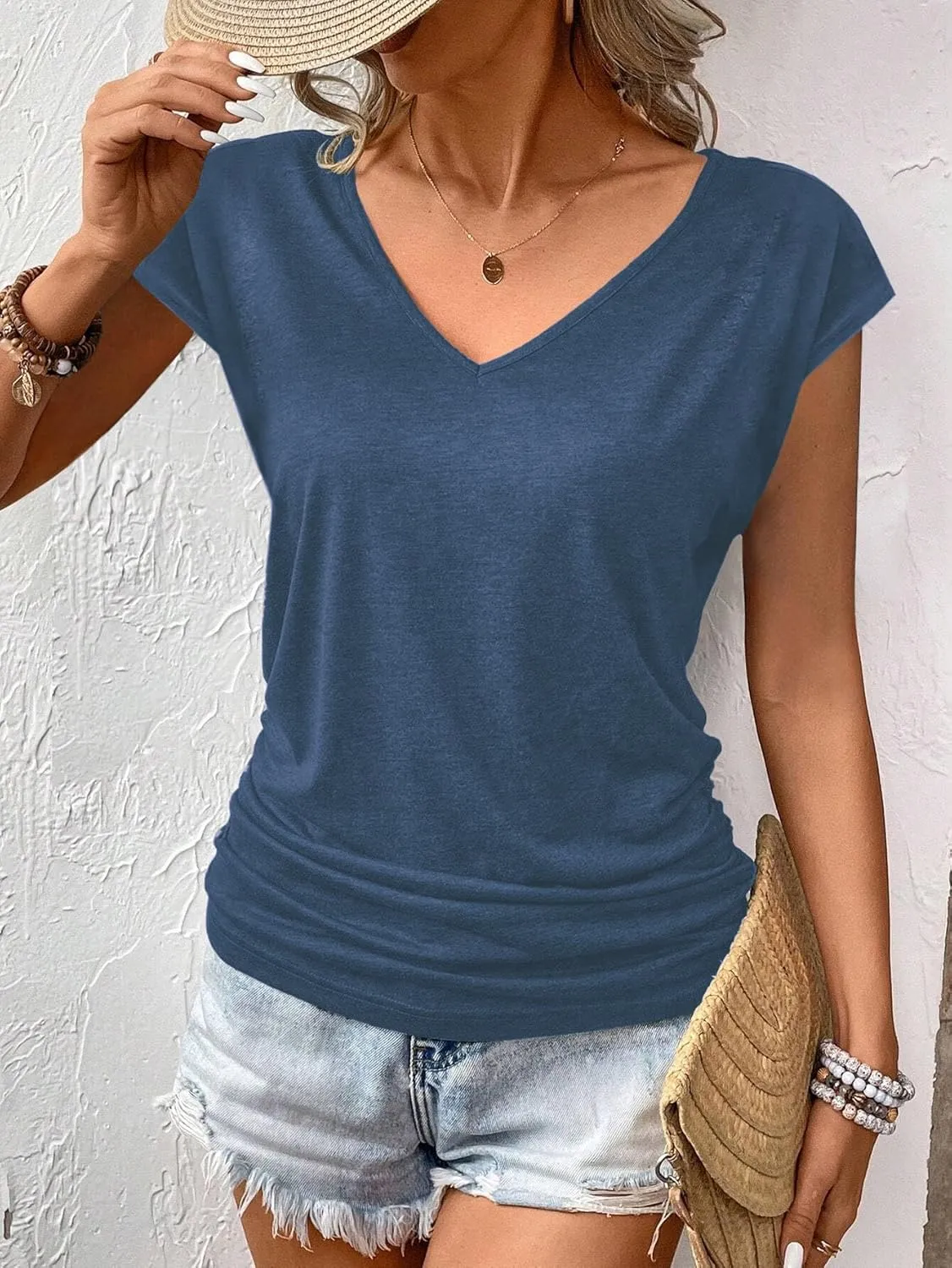 Zeagoo Womens Summer Tops Cute V Neck Cap Sleeve Tshirts Loose Fit Dressy Casual Shirts Ruched Top Tees