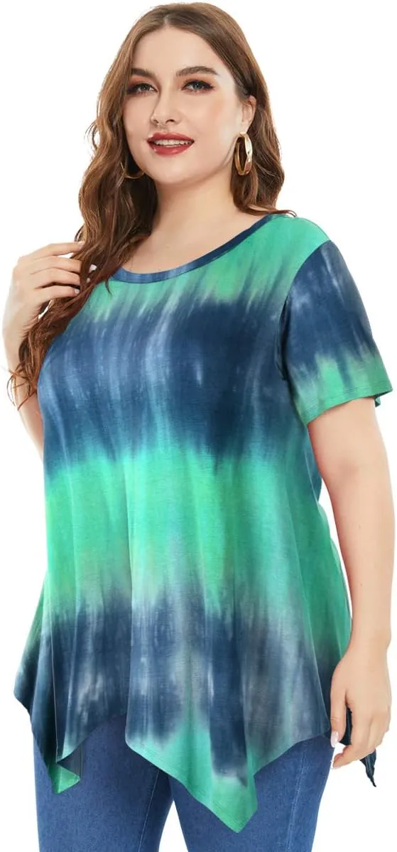 ZENNILO Womens Plus Size Casual Tunic Tops Summer Short Sleeve Shirts for Women Flowy Hankerchief Hemline