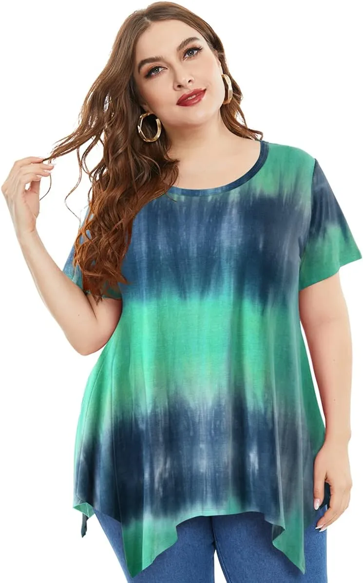 ZENNILO Womens Plus Size Casual Tunic Tops Summer Short Sleeve Shirts for Women Flowy Hankerchief Hemline