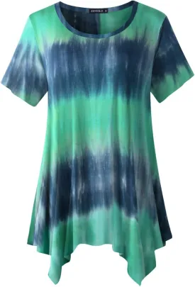 ZENNILO Womens Plus Size Casual Tunic Tops Summer Short Sleeve Shirts for Women Flowy Hankerchief Hemline