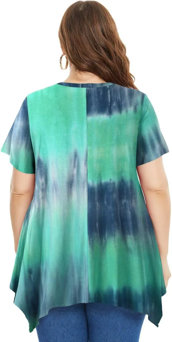ZENNILO Womens Plus Size Casual Tunic Tops Summer Short Sleeve Shirts for Women Flowy Hankerchief Hemline